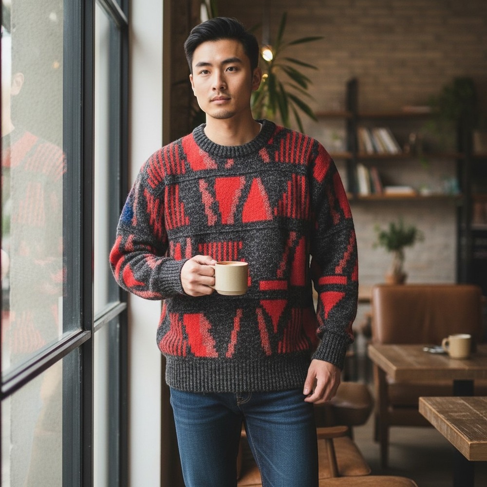 Vintage Harbour Classics Sweater Small Red Black Geometric Ski Drop Shoulder